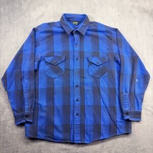 OshKosh Flannel Shirt Men's 2XL Blue Plaid Long Sleeve Cotton Distressed Vintage